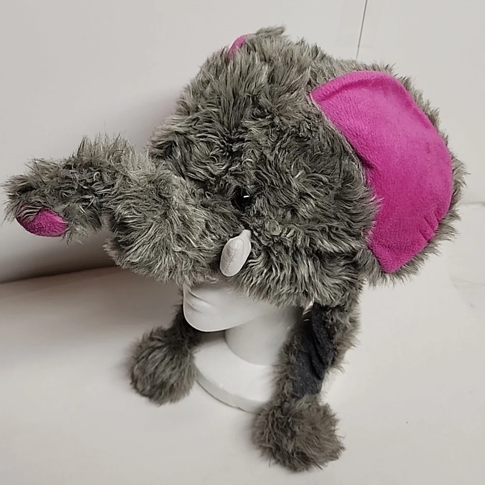 Plush Elephant Hat with Pink Ears, White Tusks, And Adorable Trunk.
